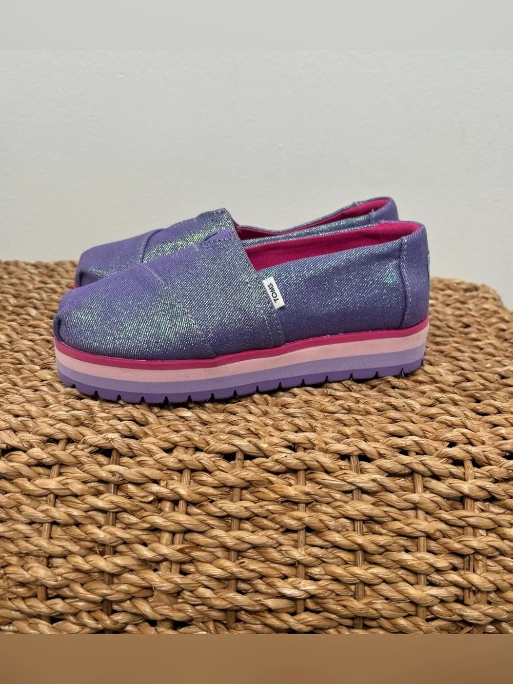 Toms Girls Purple Glitter Slip-On Platform Shoes with Pink Accents